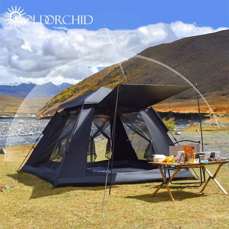 High quality waterproof double layer outdoor pop-up automatic outdoor camping black tent for 3-4 person