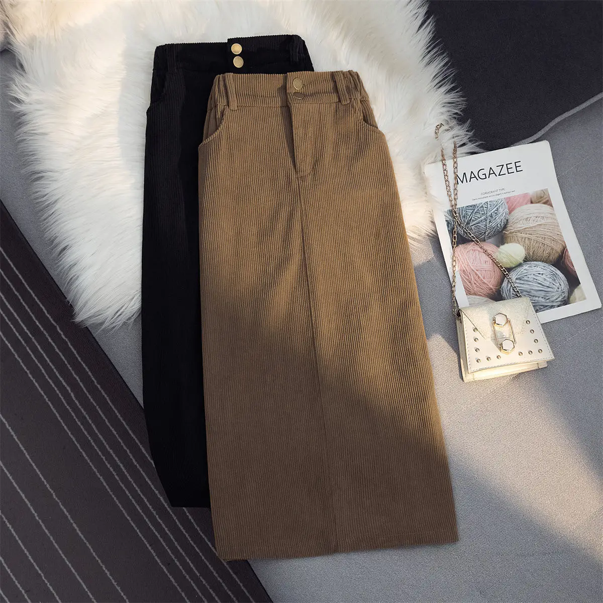 Thickened Corduroy Women Skirt Autumn Winter New High waisted Slim Mid Length Straight A-line Long Hip Wrap Skirt