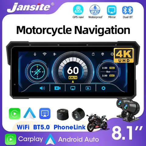 Jansite Portable 7/8.1 inch IP67 Waterproof Motorcycle 4K DVR GPS Navigation Wireless Carplay Android Auto Moto Recorder Monitor