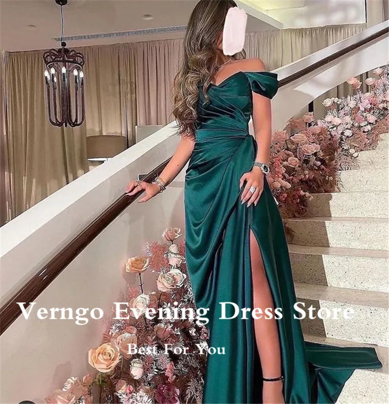 Verngo Dark Green Satin Long Evening Dresses Off the Shoulder Pleats Side Slit Women Formal Prom Dress Plus Size Robe de soiree