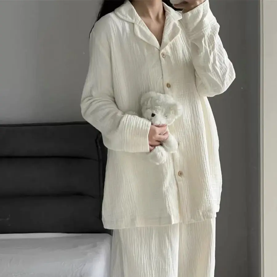 

Корейская одежда для сна, женские пижамные комплекты, однотонные брюки с оборками, комплекты для женщин, комплект из 2 предметов, осенняя ночная одежда, домашний костюм на пуговицах