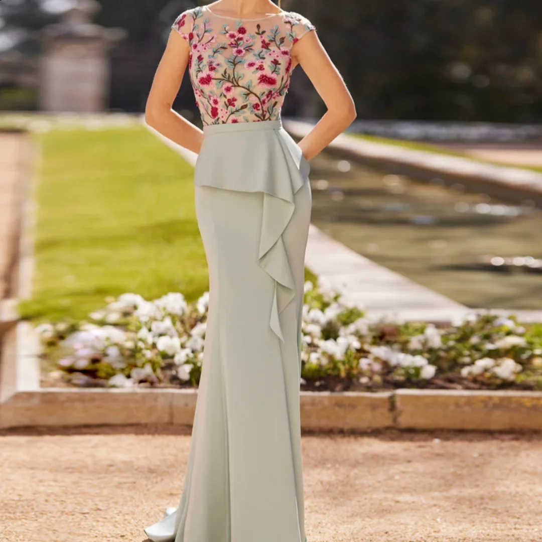 

Croatia Elegant Groom Mother Dress Appliques Cap Sleeves Floor Length Mermaid Formal Evening Dresses Customized