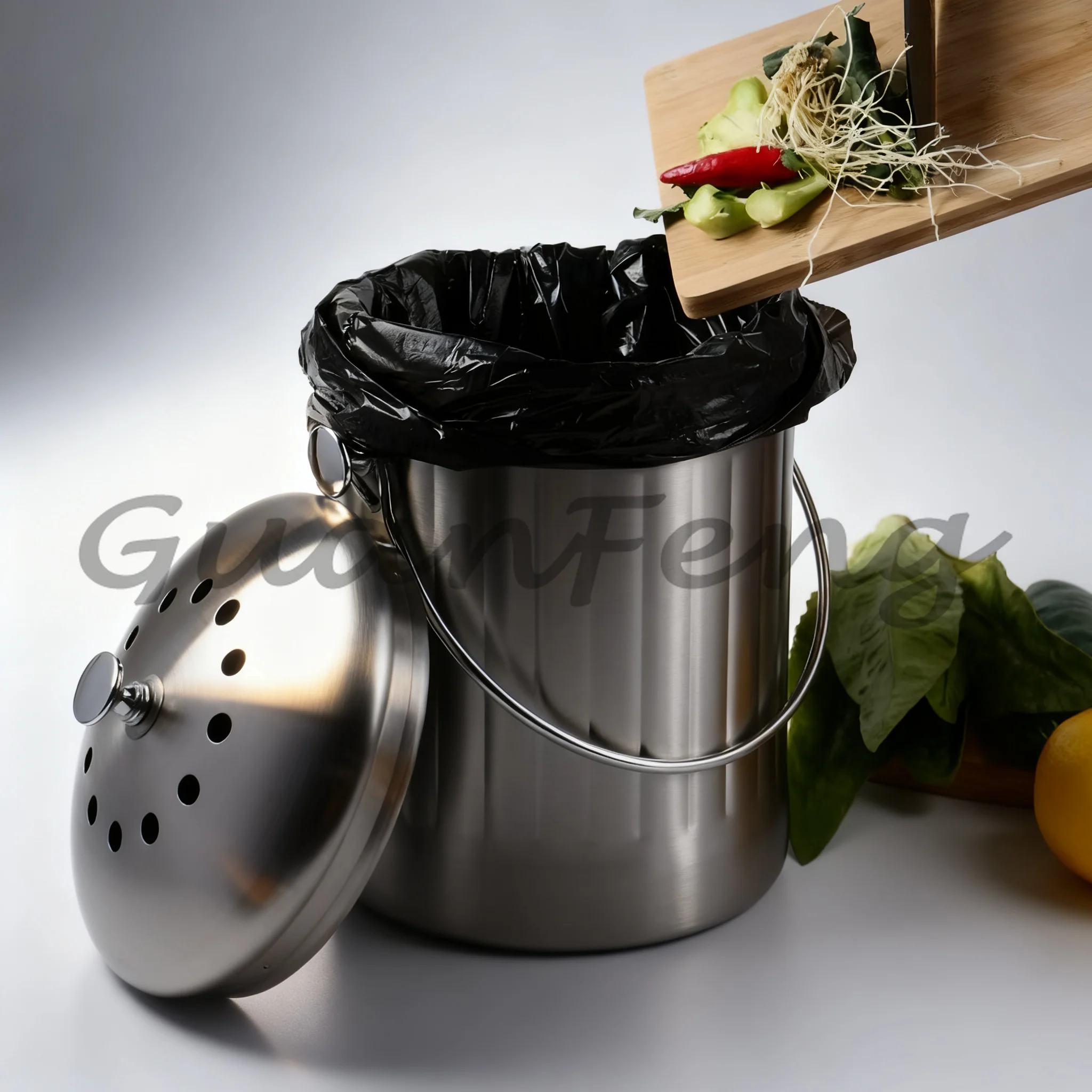 Household Kitchen Compost Bin, Durable Stainless Steel Food Waste Container with Charcoal Filter for Vegetable Peels