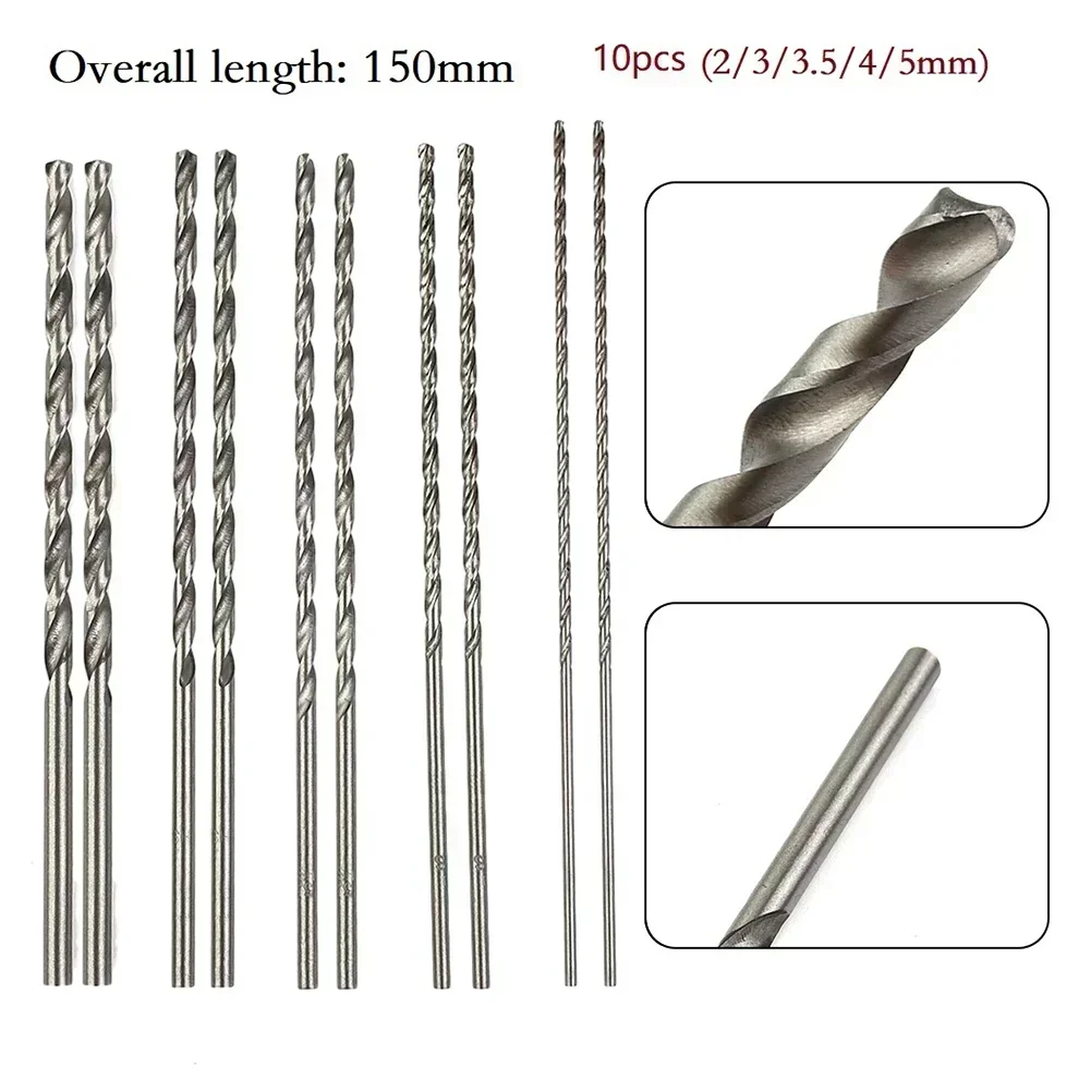 10pcs 150mm Extra Long HSS High Speed Steel Drill Bit Set Straight Shank Auger Bits For Rotary Tool 2mm 3mm 3.5mm 4mm 5mm