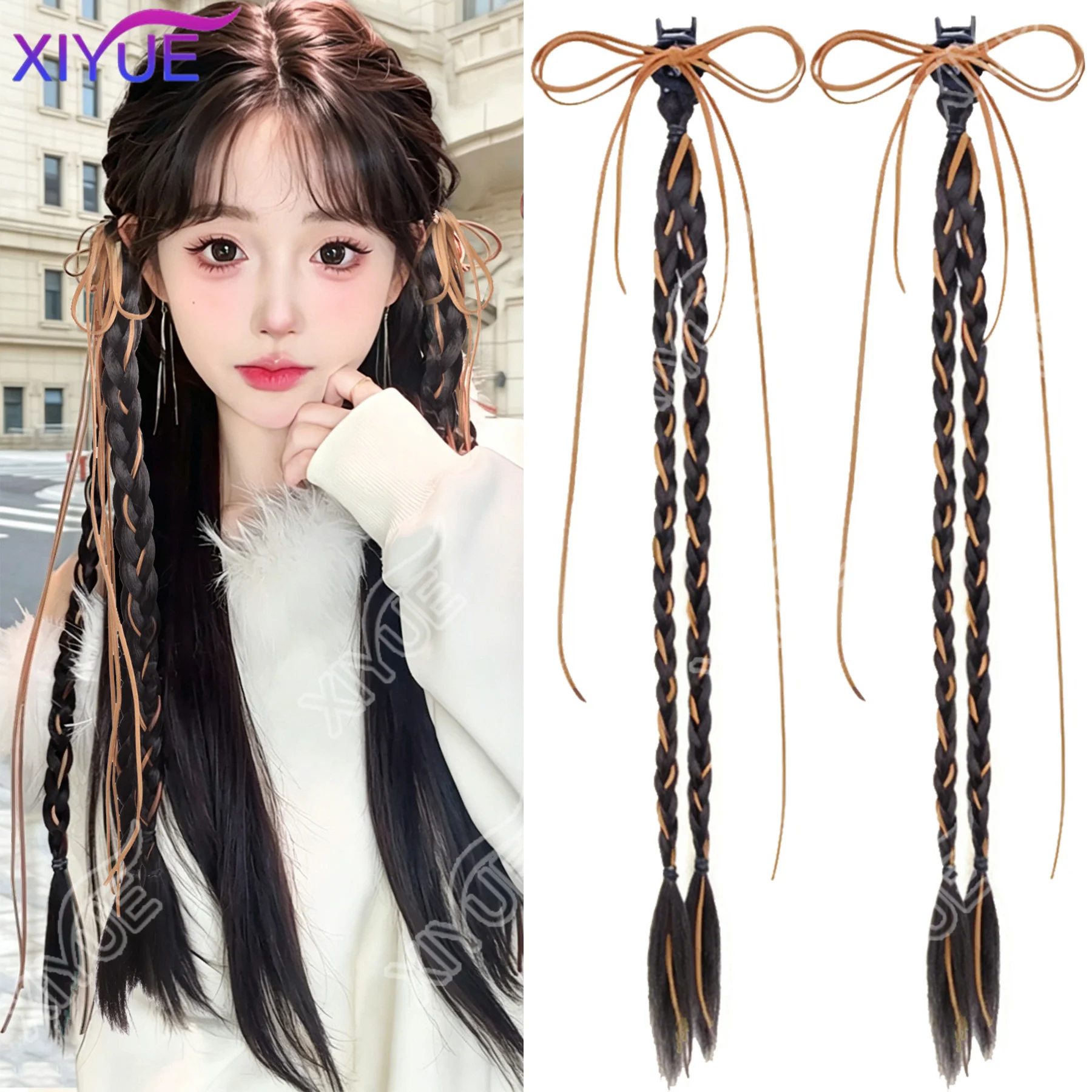

XIYUE Synthetic Long Claw Clip On Bow Braid Ponytail Hair Extensions Heat Resistant Pony Tail Hair piece For Women Daily Party