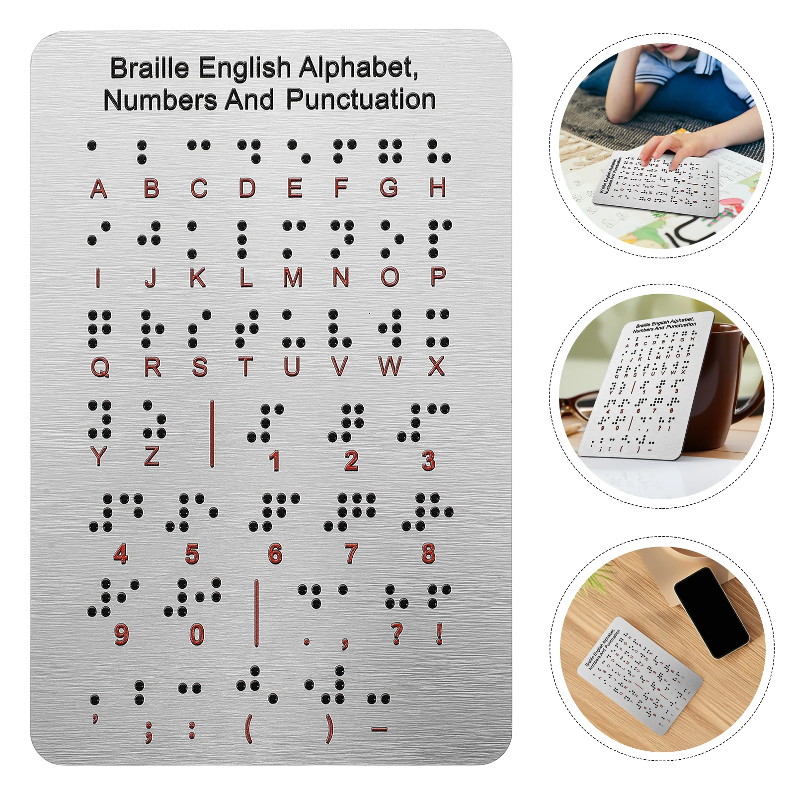 Tablero del alfabeto Braille con puntos elevados, tablero de aprendizaje Braille de puntuación de números de acero inoxidable, enseñanza de Braille para principiantes