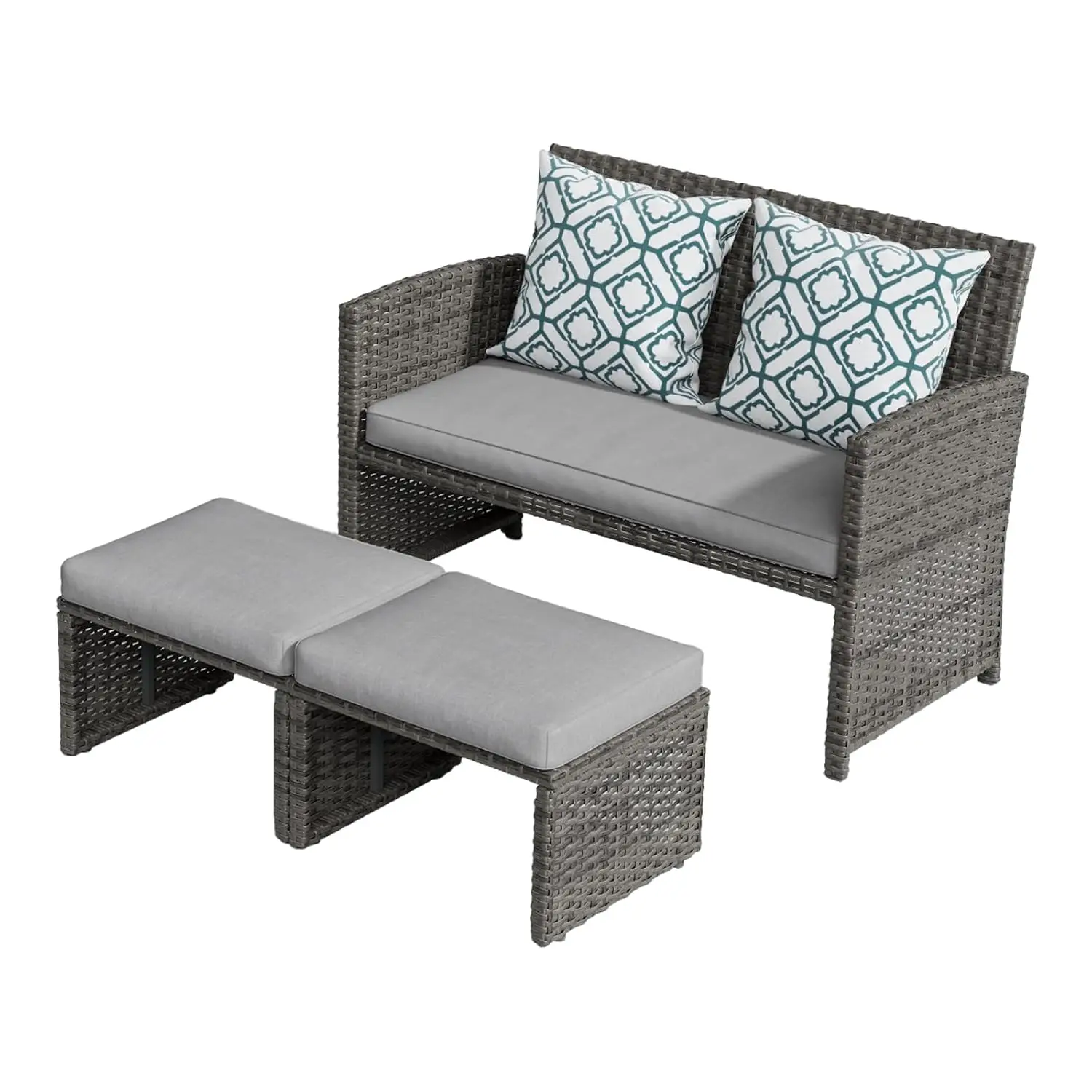 

Комплект мебели для патио, 3 предмета, плетеное двухместное сиденье для бесед на открытом воздухе с пуфиками для крыльца, серые светло-серые подушки из ротанга