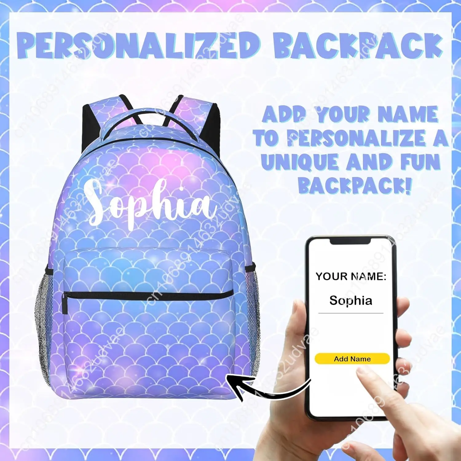 Personalized Backpack for Girls Boys, Custom Backpacks with Name for Kids, Customized Fish Scales School Bookbag for Back to Sch