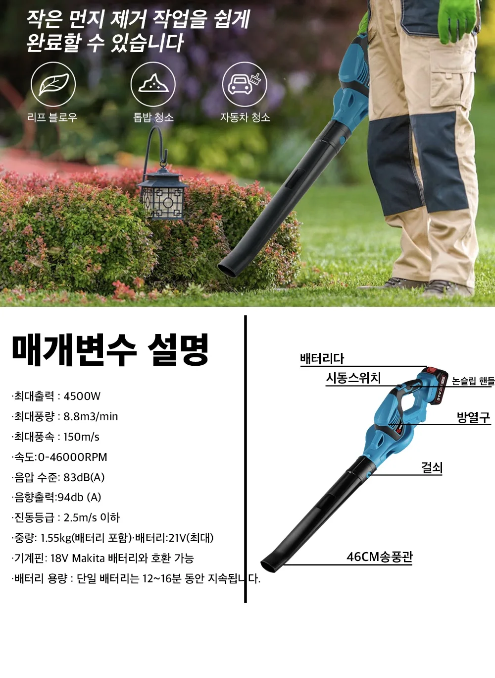 2Battery Electric Blower Powerful 4500W Cordless Leaf Blower Household Blowing Dust Blowing Snow Power Tools For Makita Battery