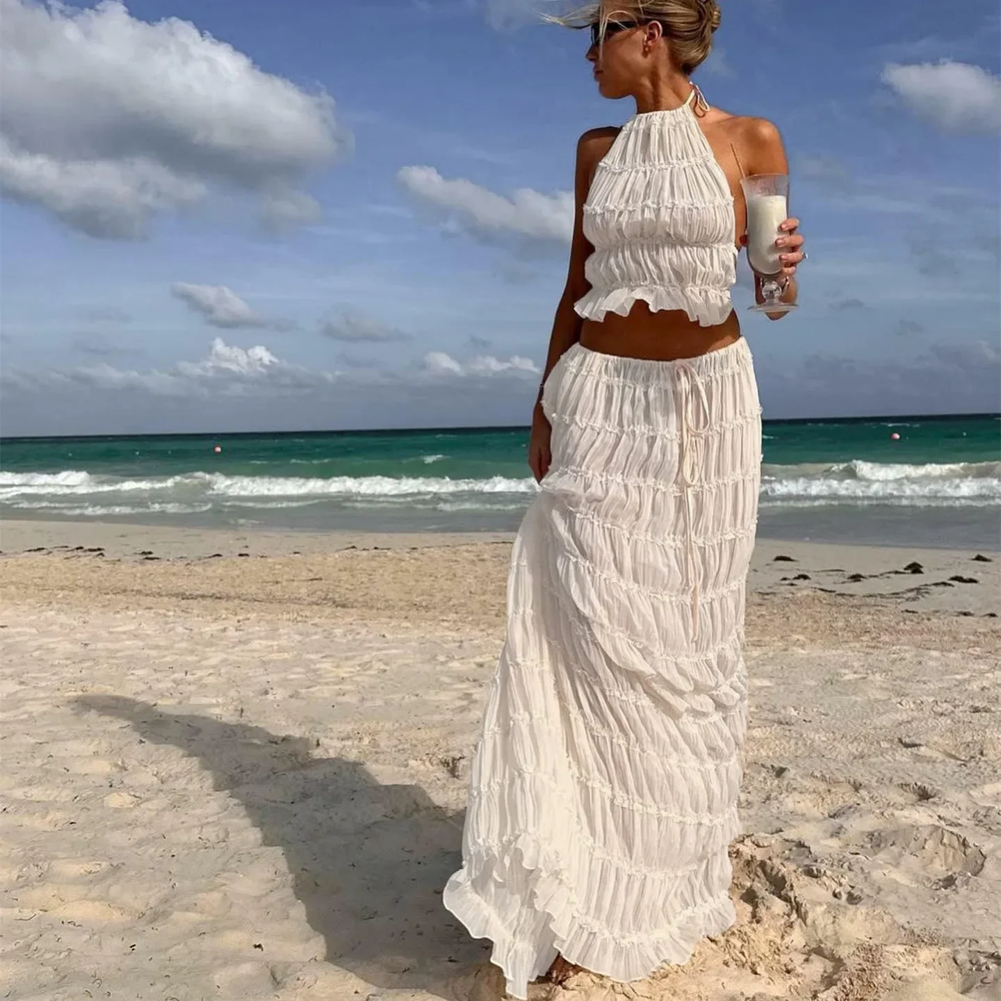 Women Boho Sexy Backless Matching Suit 2 Piece Beach Holiday Outfits Vintage Ruched Halter Cami Tops + Maxi Long Skirt Party