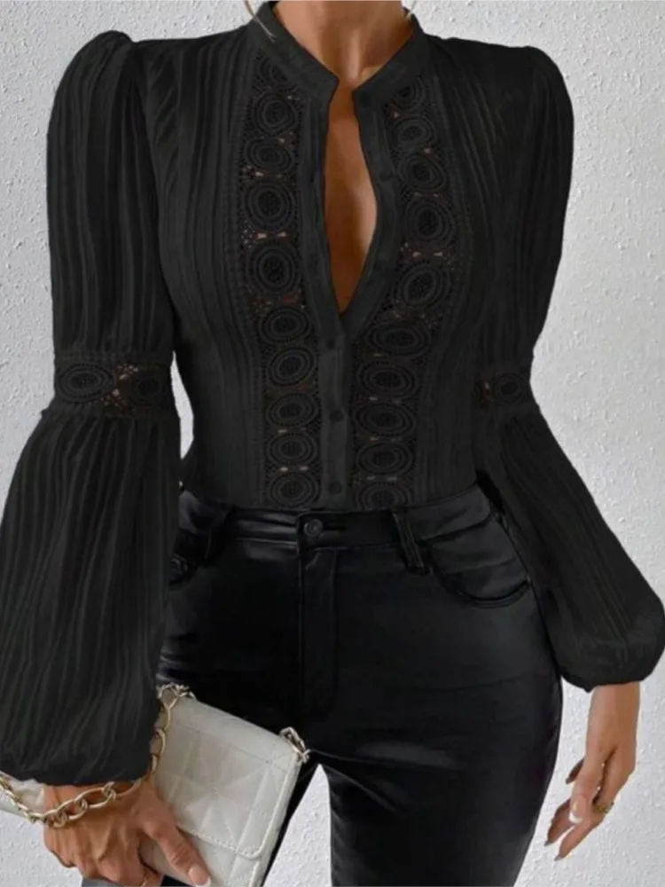 Trendy Solid Color Lace Patchwork Shirts Women Fashion Sexy Hollow Out Lantern Long Sleeve Slim Shirt Blouses Female Spring New