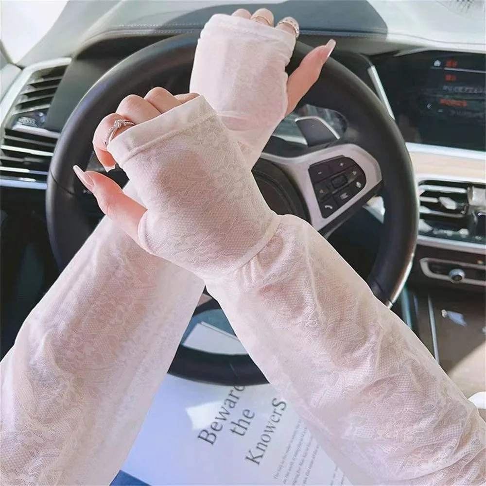 Summer Lace Ice Silk Arm Sleeves UV Protection Ultrathin Sunscreen Sleeve Breathable Ice Silk Long Gloves Sports