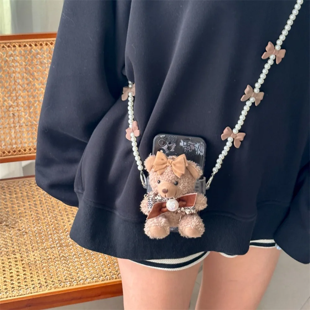 Chaveiro de urso de pelúcia marrom feito à mão boneca de pelúcia urso telefone clipe traseiro arco doce macio fluff animal de pelúcia chaveiro saco pingente