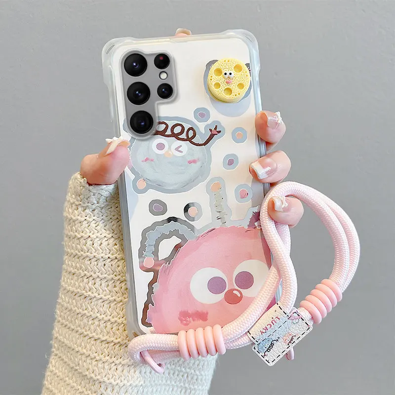 Crossbody Strap Lanyard Telefoon Case Voor Samsung Galaxy S24 S23 Ultra FE A15 A14 A13 A24 A23 Leuke Ster Konijn cartoon Spiegel Cover