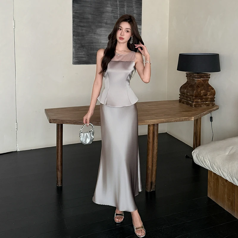 Elegant Luxury Silver Satin Women Sleeveless Shirt+ Long Skirt Suit Women's 2pcs Set Slim Long Fishtail Dress Formal Party Clb