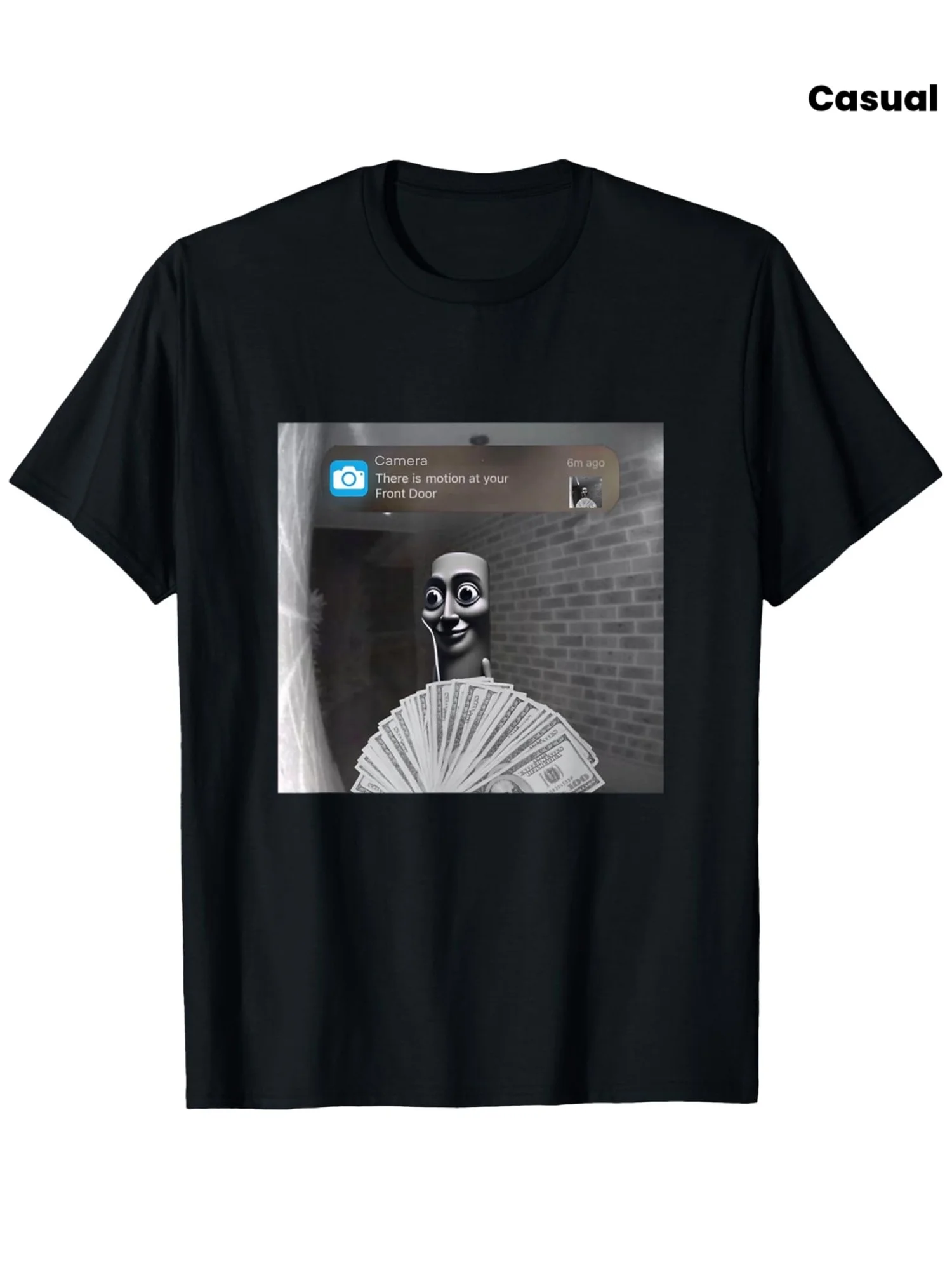 Fun Dongdong's Silly Frontoor Adventure Printed T-Shirt- Black Round-neck Short-sleeve, Featuring Humorous Money and Brick Wall Designs, Suitable for Holiday Role-playing and Everyday Casual Wear