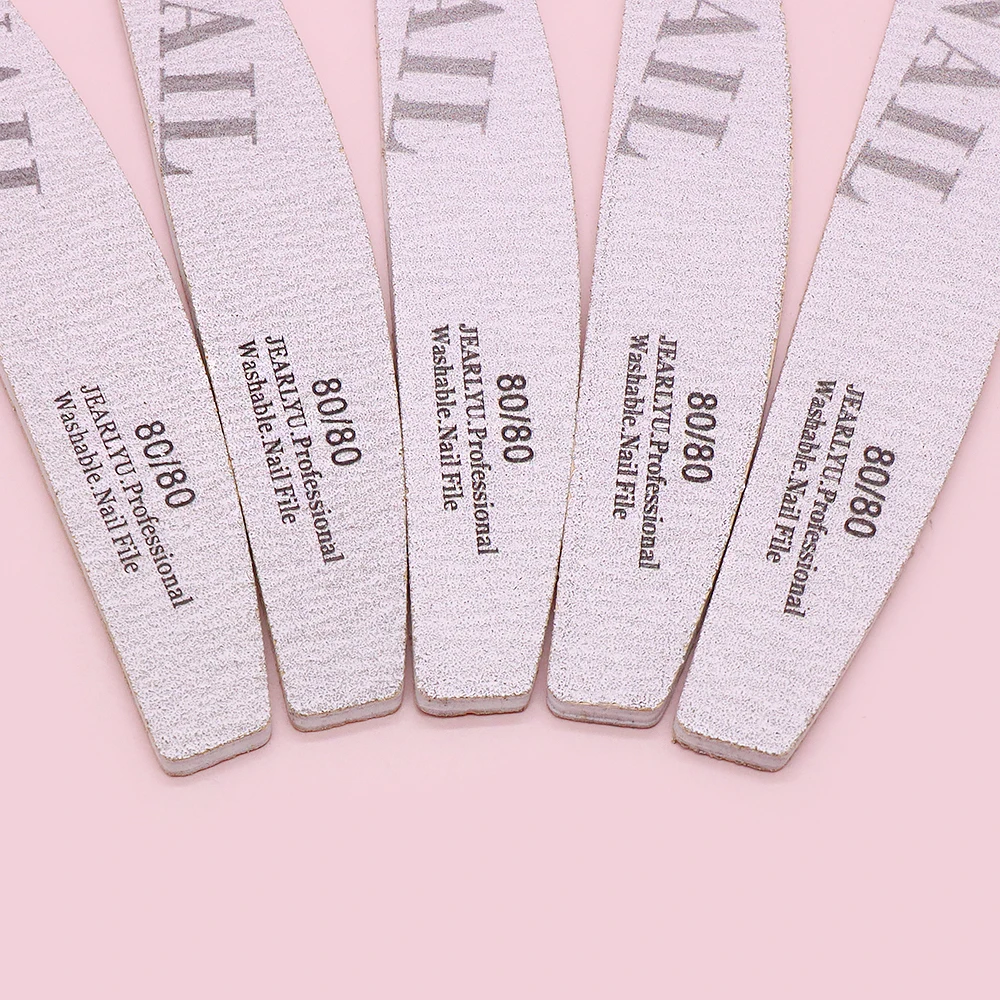 50Pcs White Core Grey Sandpaper Nails File 80/80 Grit Halfmoon Washable Buffer Files Strip Sanding Nail Edges Nails Accessories