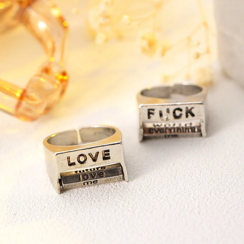 Creative Rotating Mood Control Ring Love You Love Everything Square Ring Funny Gadget Gift Open Adjustable Ring Fashion Jewelry