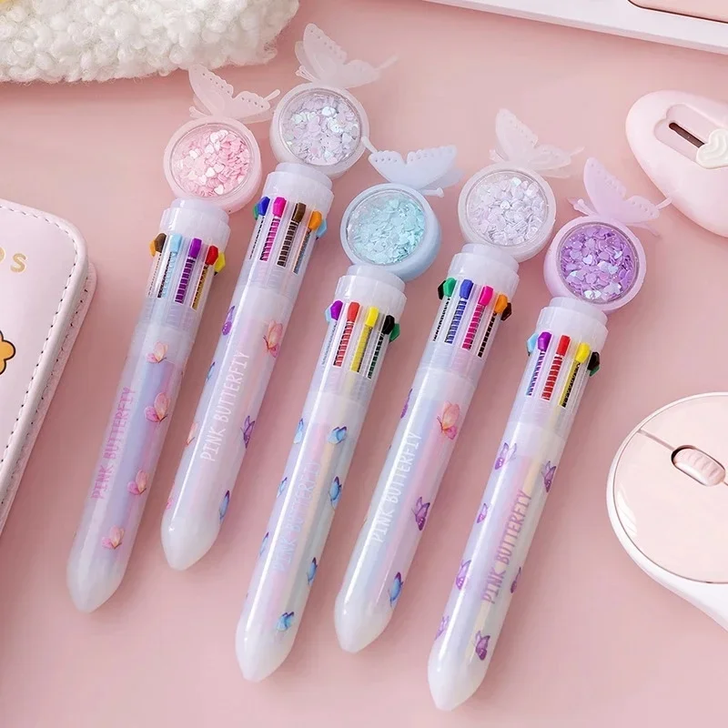 1/pcs Ballpoint Pen Multi-Color Writing  School Office Kawaii Butterfly Sequins 10 Colors Supply Color Random