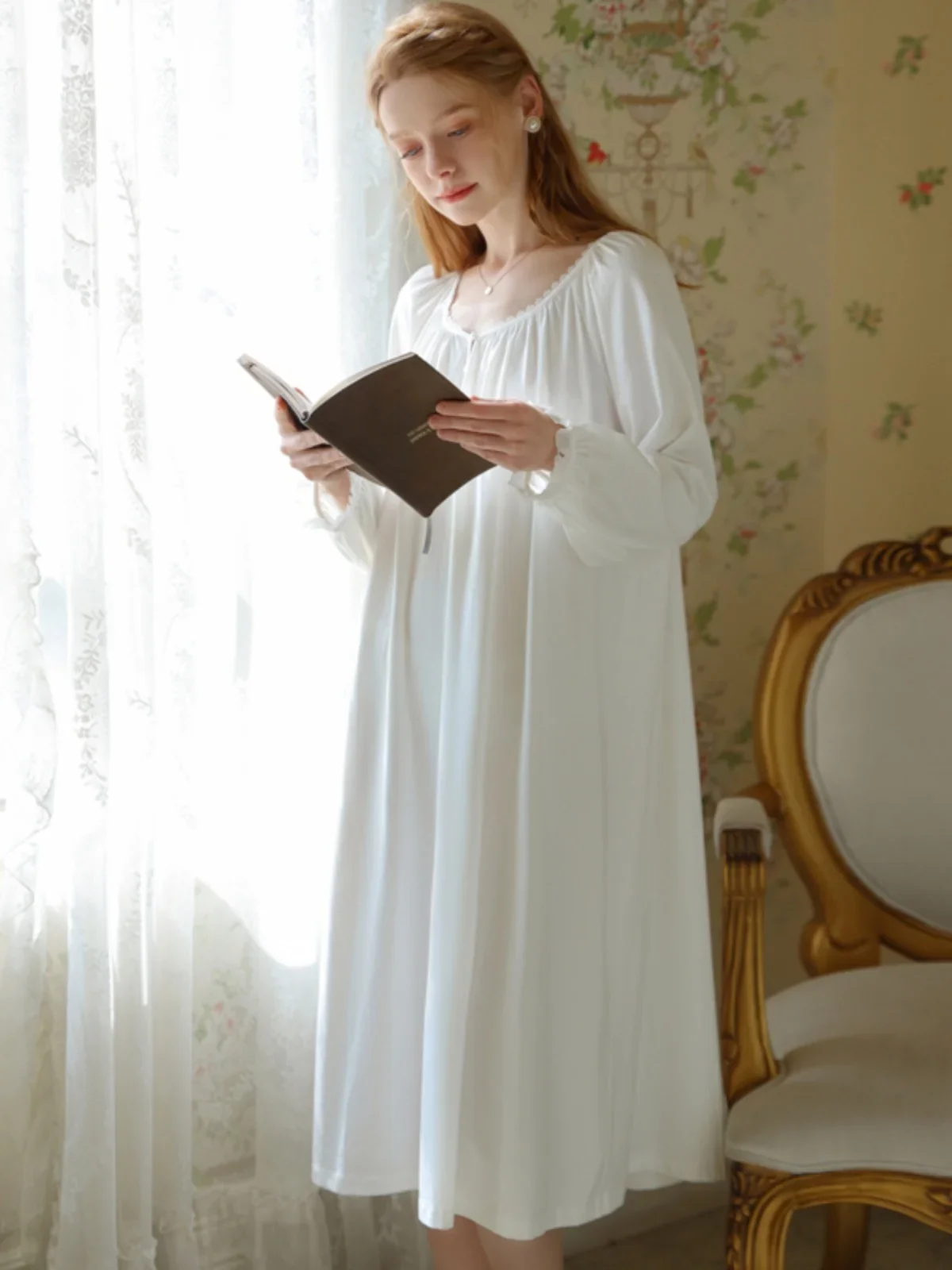 French Court Style Pajamas Women's Sleepwear Loose White Nightdress Ladie's Nightwear Nightshirt