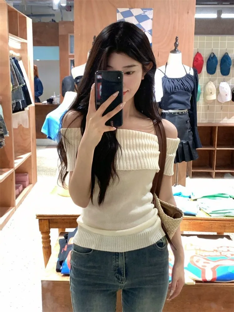 Korean Woman Tshirts Slash Neck Short Sleeve Sweet Tees Y2k Crop Tops 2024 Ropa Mujer Fashion Knitted Tees Chic Apricot T Shirt