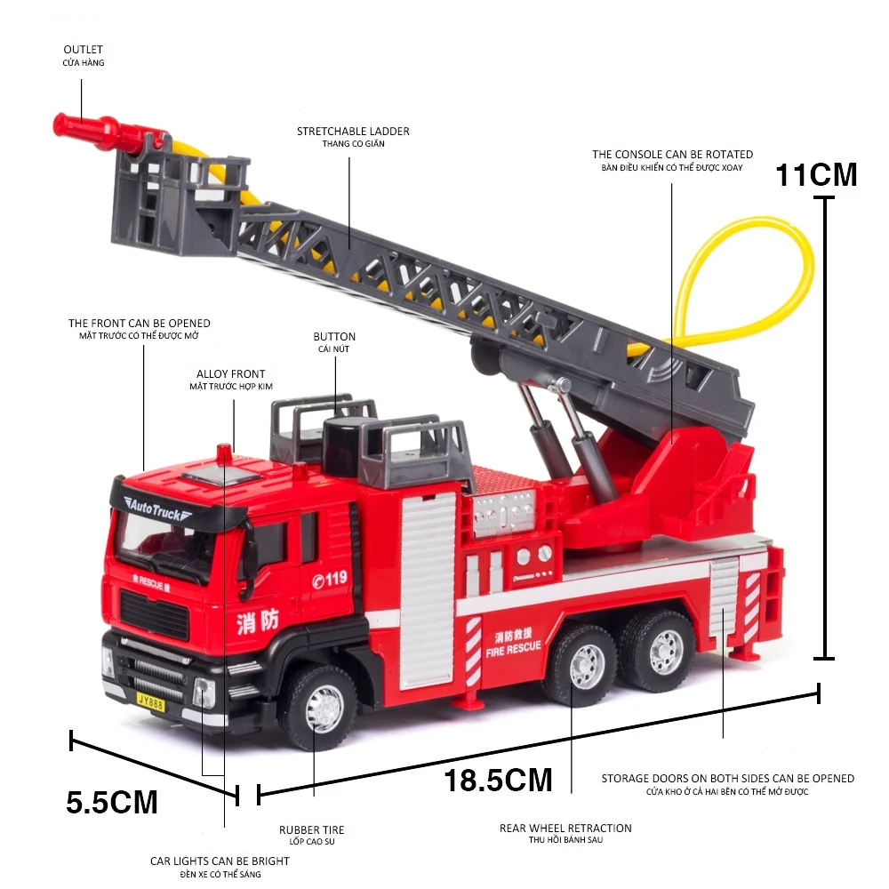 Modelo de camión de bomberos con escalera 1:50, juguete, motor de bomberos, cuerpo de Metal, luz de pulverización de agua simulada, sonido, modelo de juguete