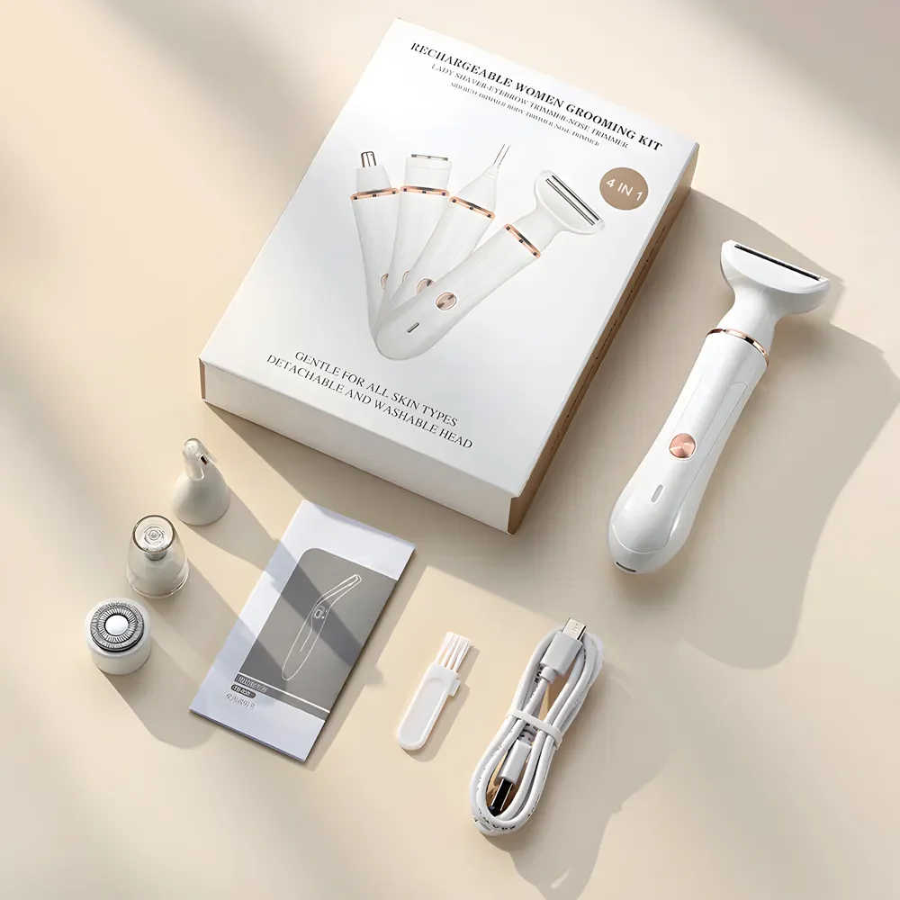 Женская бритва с логотипом на заказ, комплект 4 в 1, перезаряжаемая от USB, женская электробритва для бритья, женская бритва, бритва для волос на лобке для женщин