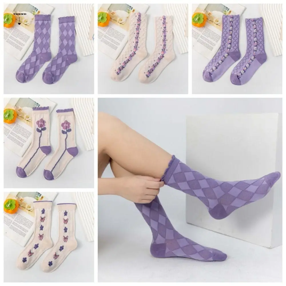 

5 пар Ins фиолетовая серия носков-трубочек с цветочным принтом Harajuku носки до середины икры для девочек дышащие милые носки с бантом женские теплые