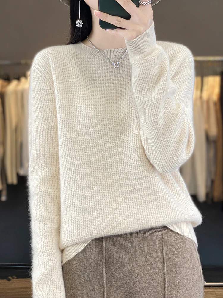 Sweater lengan panjang wanita, pakaian Sweater kasmir lengan panjang wol Merino Pullover O-Neck musim semi musim gugur 100%