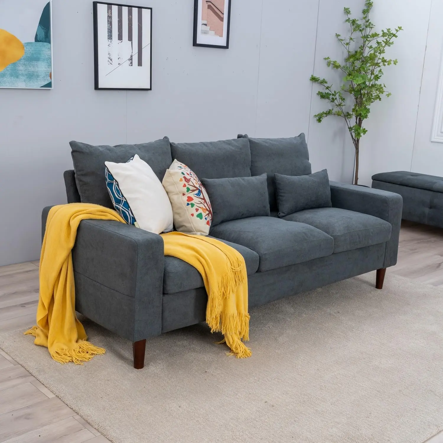 Luckycloud Modern Couch Sofa 3-Seater Upholstered Fabric Sofa For Small Living Room, Dorm, Small Spaces (Grey)