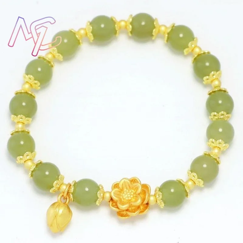Natural Jade Beads Bracelet Lotus Flower Bangle Real Jewelry Fashion Gifts for Women Charm Gemstone Vintage Designer Accessories