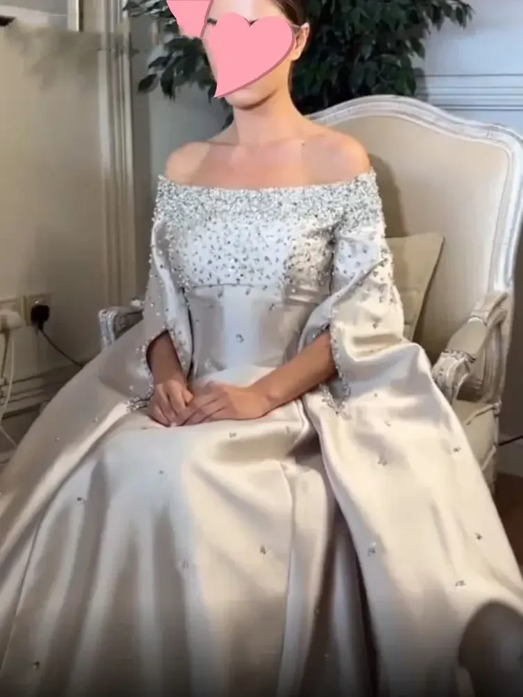 Saudi Arabia Evening Dresses Women Prom Dresses Elegant Sequined Crystal Beaded Boat Neck Wedding Formal Occasion Party Gowns