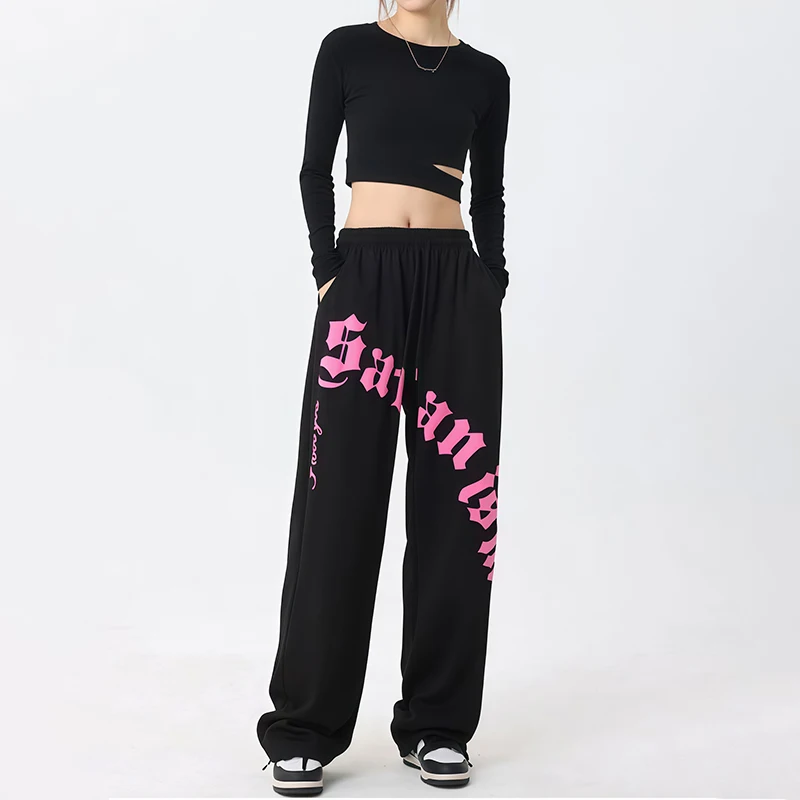الهيب هوب إلكتروني طباعة Sweatpants للنساء مرونة عالية الخصر بنطلون خمر Y2k بنطلون مريح فضفاض بنطلون رياضي