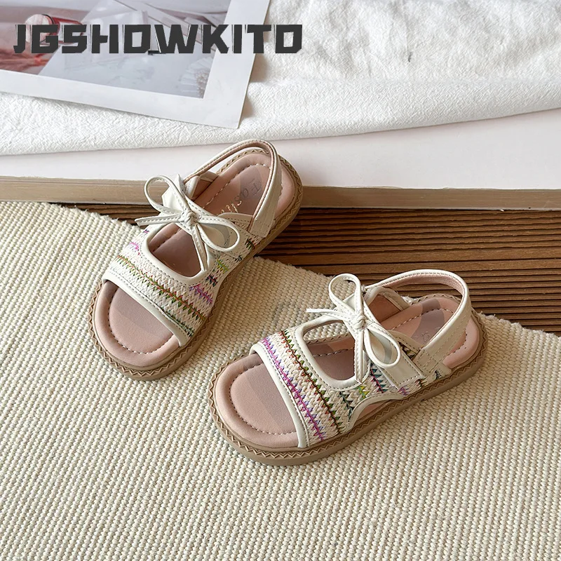 JGSHOWKITO Summer Children's Bow Flat Sandals Woven Strap Girls Beach Casual Shoes for School Breathable Kids Open-toe Sandals