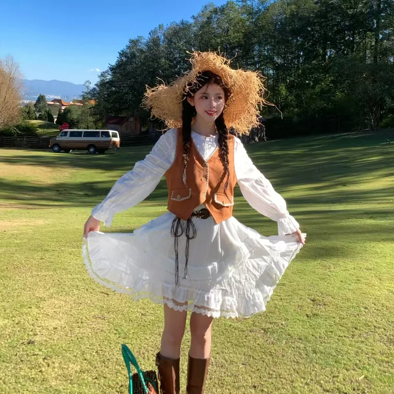 Vaion Travel n Sle Layered Lace Dr Zweiteiliges Set mit unregelmäßigem Saum, Retro-Damenweste mit weißem Überlappungsdesign