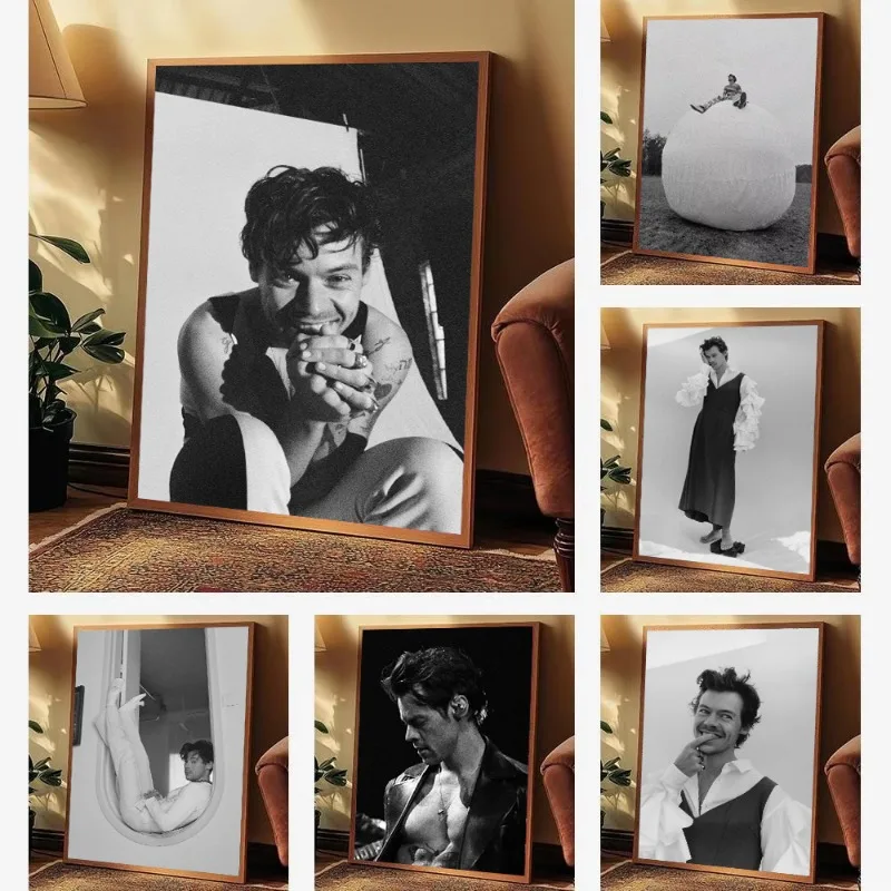 Black and White Famous Pop Singer H-Harris-Styles Vintage Posters Canvas Painting Print Wall Art Picture for Bar Cafe Room Decor
