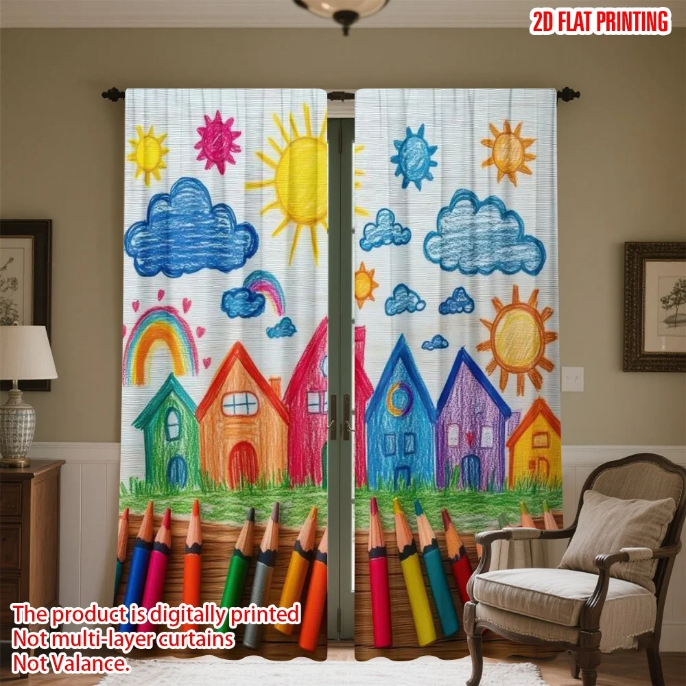 2pcs 2D flat printing Drapes Drawing Picture Houses Cloud Sun Fabric Without Electricity Festive Holiday Use for Bedroom Office