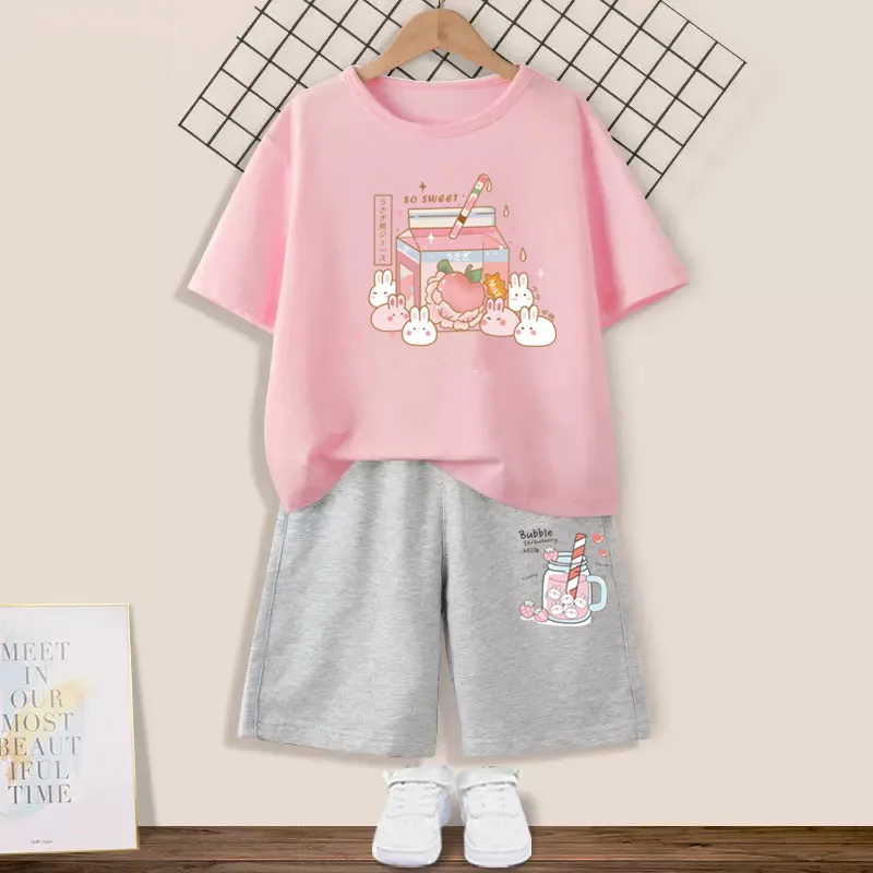 Summer Kids Girls Clothes Set Teen Girl Peach Juice T-shirt + shorts 2pcs Girl Outfits Kids Kawaii Clothing  3-14years