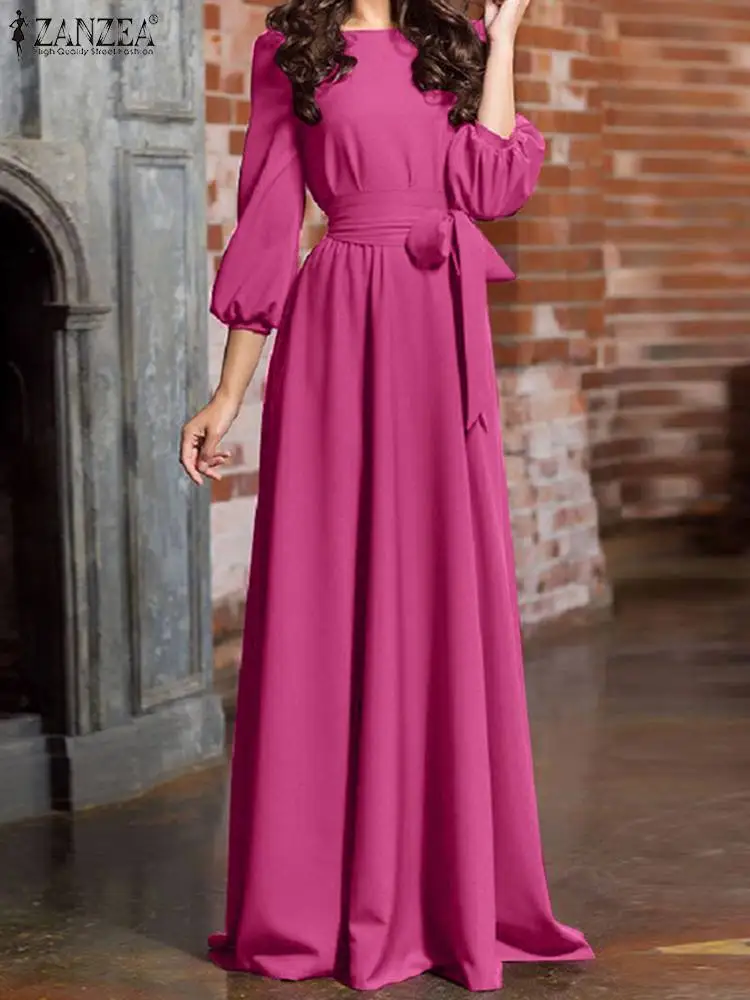 

ZANZEA Fashion Cocktail Party Spring Robes Women Belted Long Dress Elegant 3/4 Lantern Sleeve Evening Vestidos Swing Maxi Dress