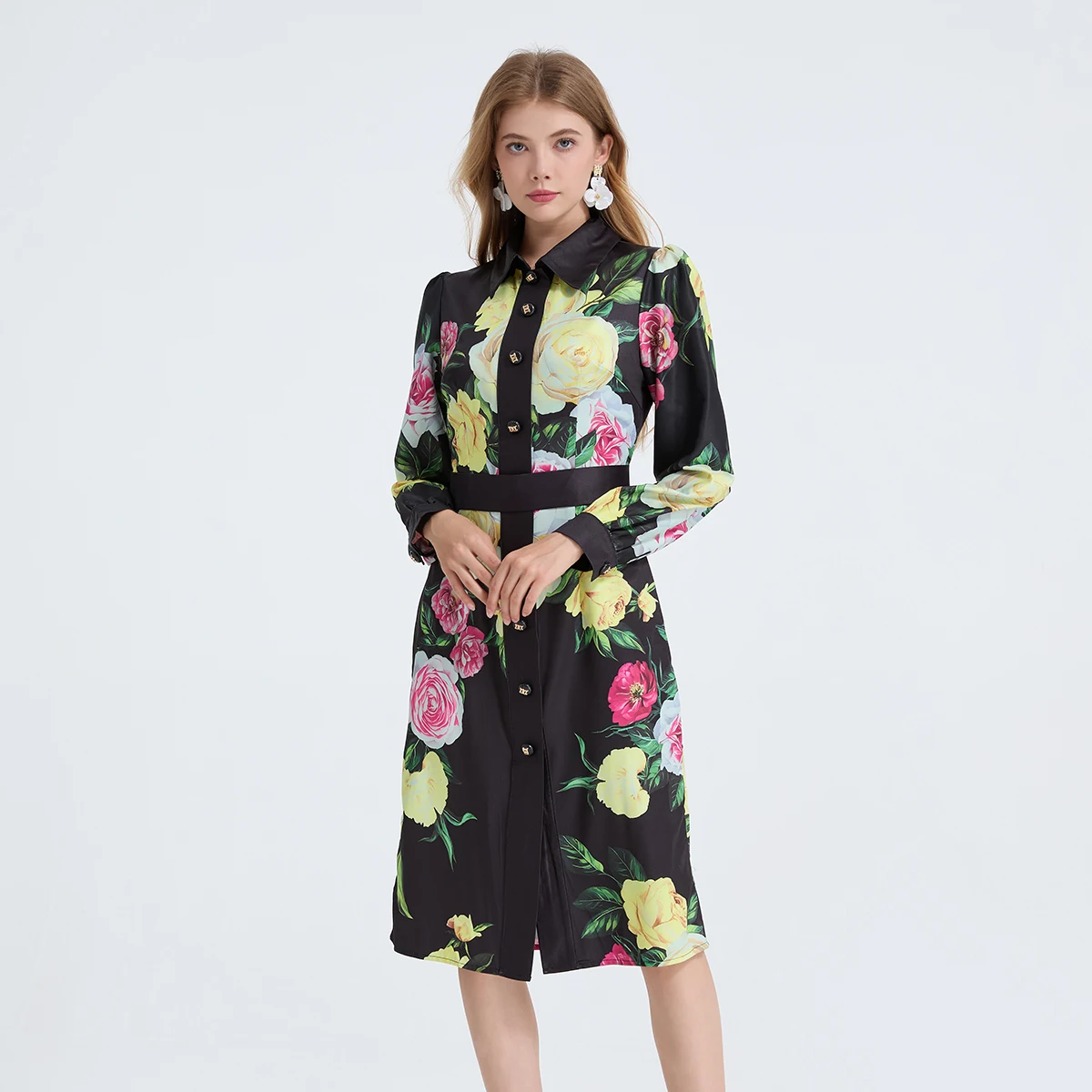 Robe crayon élégante à fleurs pour femmes, manches longues, imprimé à pois, robes de soirée mi-longues, marque de styliste, automne