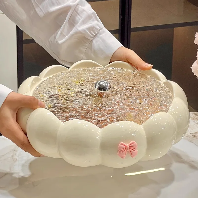 

Dried fruit plate with lid, ceramic household, living room nuts, candy box, snack plate, light luxury fruit plate