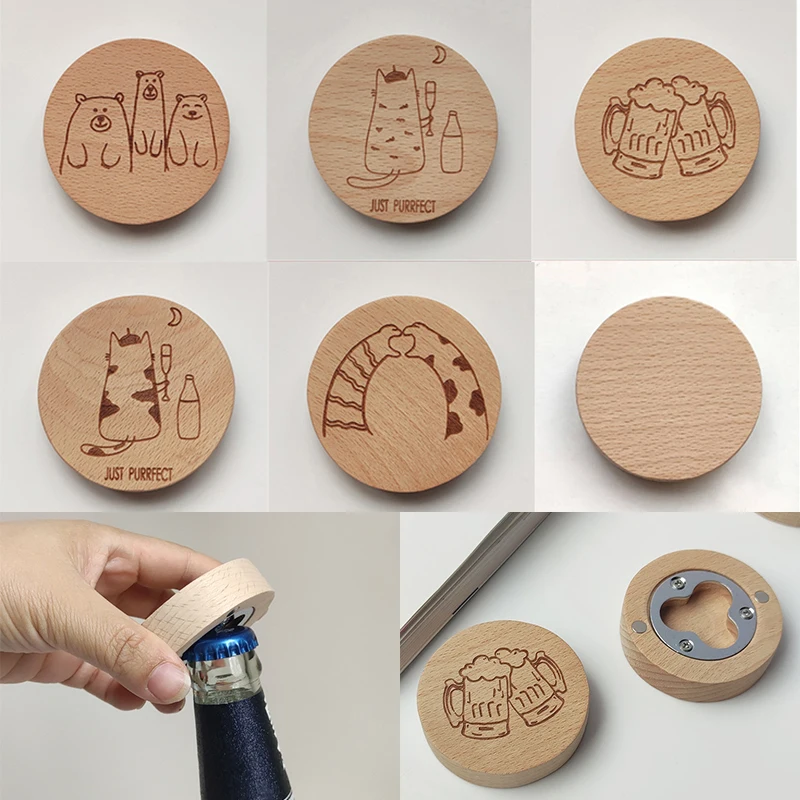 

12Pcs Beech Wood Beer Bottle Opener Wooden Round Bottle Opener Solid Wood Magnet Animal Beer Openers