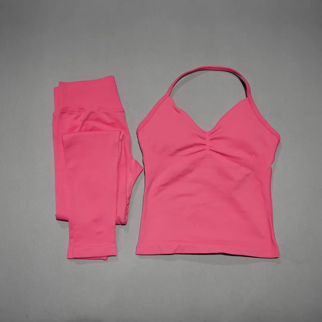 DF 2pcs Sport Sets Women Gym Push Up Yoga Pants Hollow Back Gym Fitness Bras Workout High Waisted Leggings Seamless Tights Set S image 6