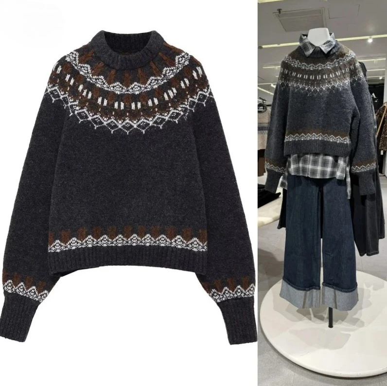 

Женский зимний толстый свитер Fair Isle 2025 года — винтажный жаккардовый вязаный топ с круглым вырезом и длинными рукавами для рождественских праздников