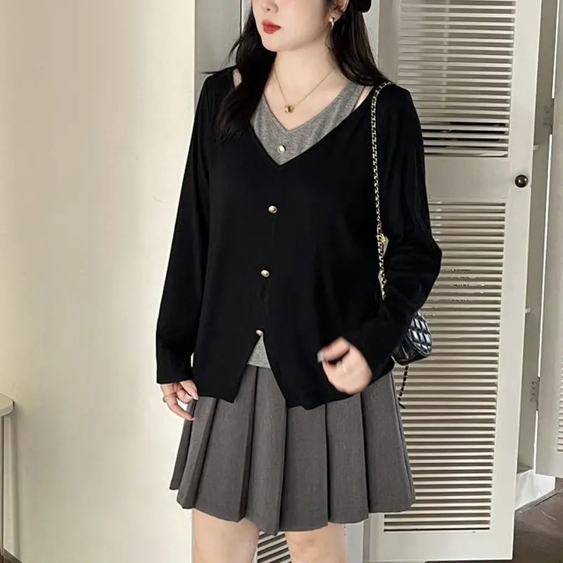 

Casual Fake Two Pieces Pullovers Spring Autumn Loose Patchwork Women's Clothing Long Sleeve Stylish V-Neck Button Basic T-shirt