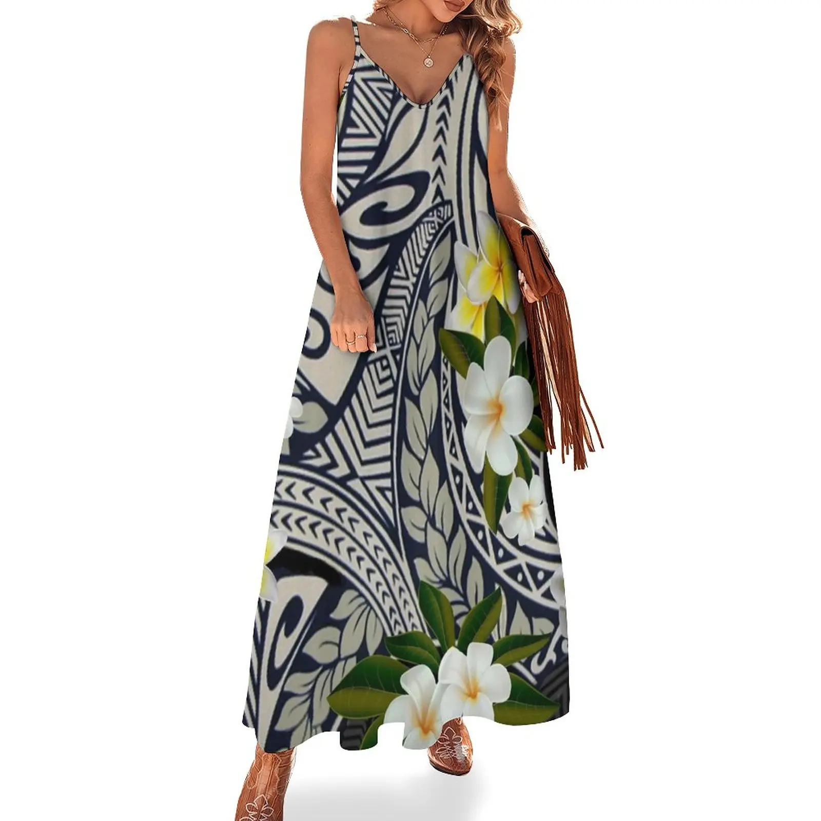 

Traditional Hawaiian Tapa and Plumeria Sleeveless Dress long sleeve dresses women's summer jumpsuit luxury dress