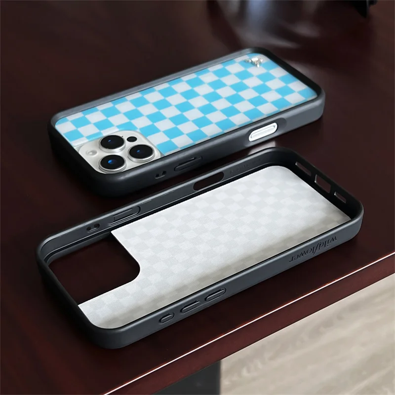 Wildflower 3D Girls high heels Grid Phone Case for iPhone 17 16 15 14 13 12 Pro Max Plus Checkered pattern Cute Cartoon Cover