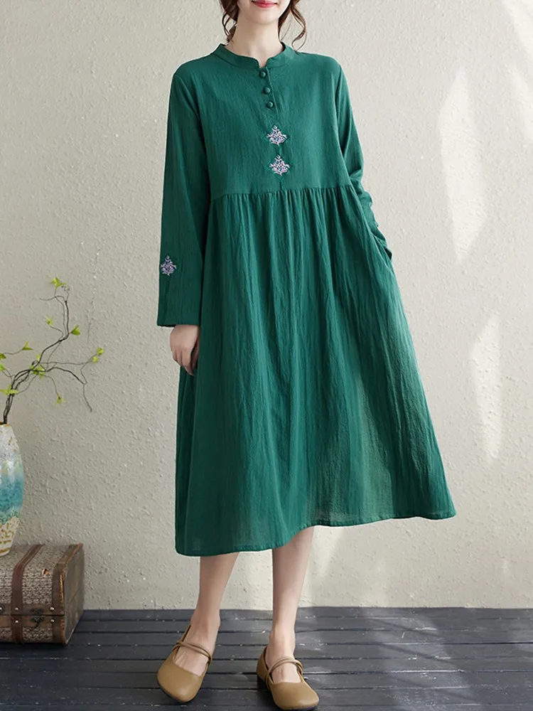 Women Casual Dress New Arrival 2023 Autumn Vintage Style Florla Embroidery Loose Female Cotton Linen Long Dresses B2930