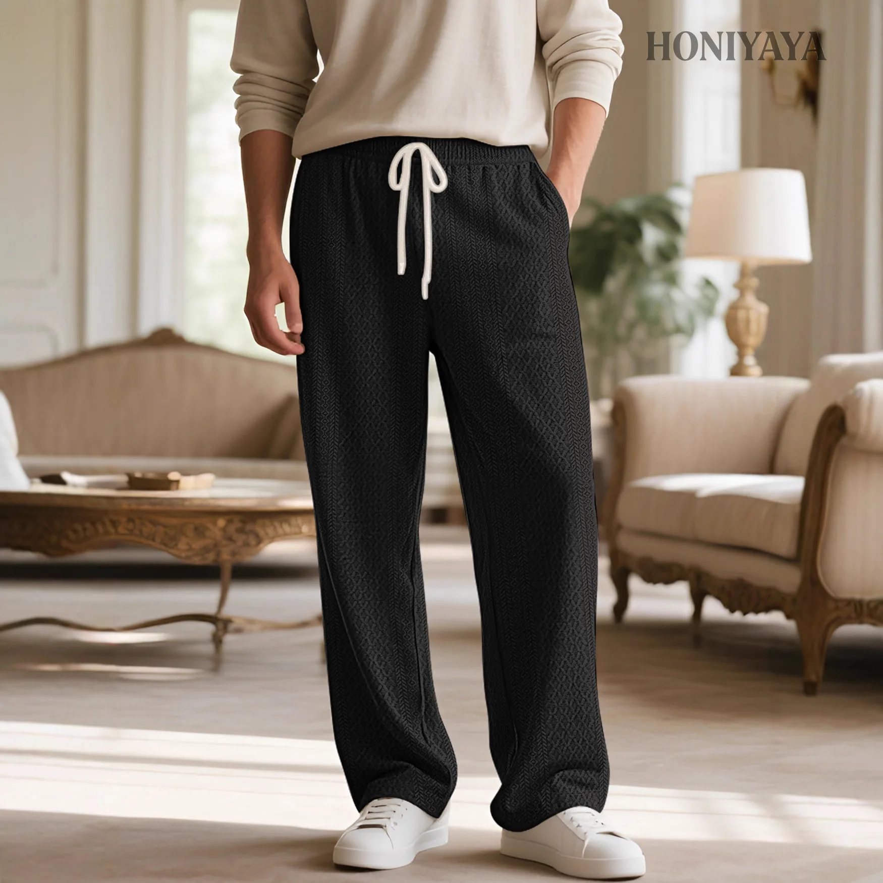 

Мужские повседневные прямые брюки с жаккардовым узором, свободного кроя, с эластичным поясом и шнурком, легкие летние брюки