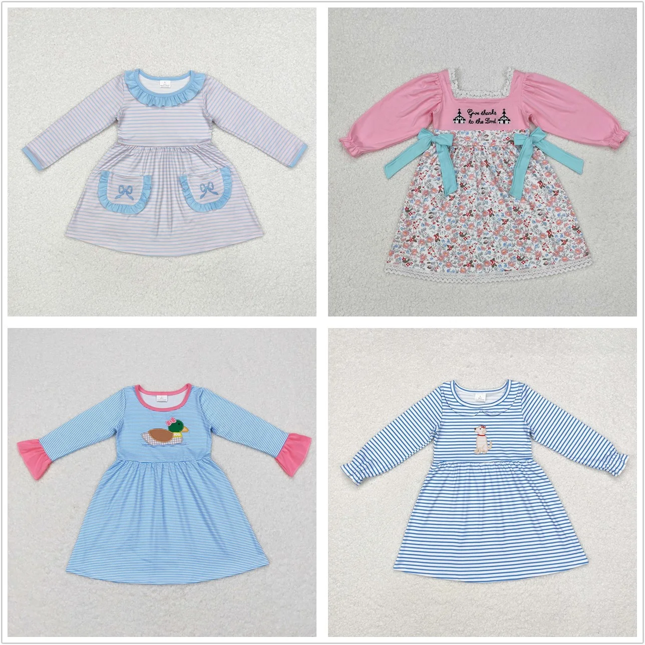 

Wholesale Children Long Sleeves Kids Embroidery Dog Duck Bows Dress Baby Girl Infant Toddler Knee Length Stripes Flower Clothes